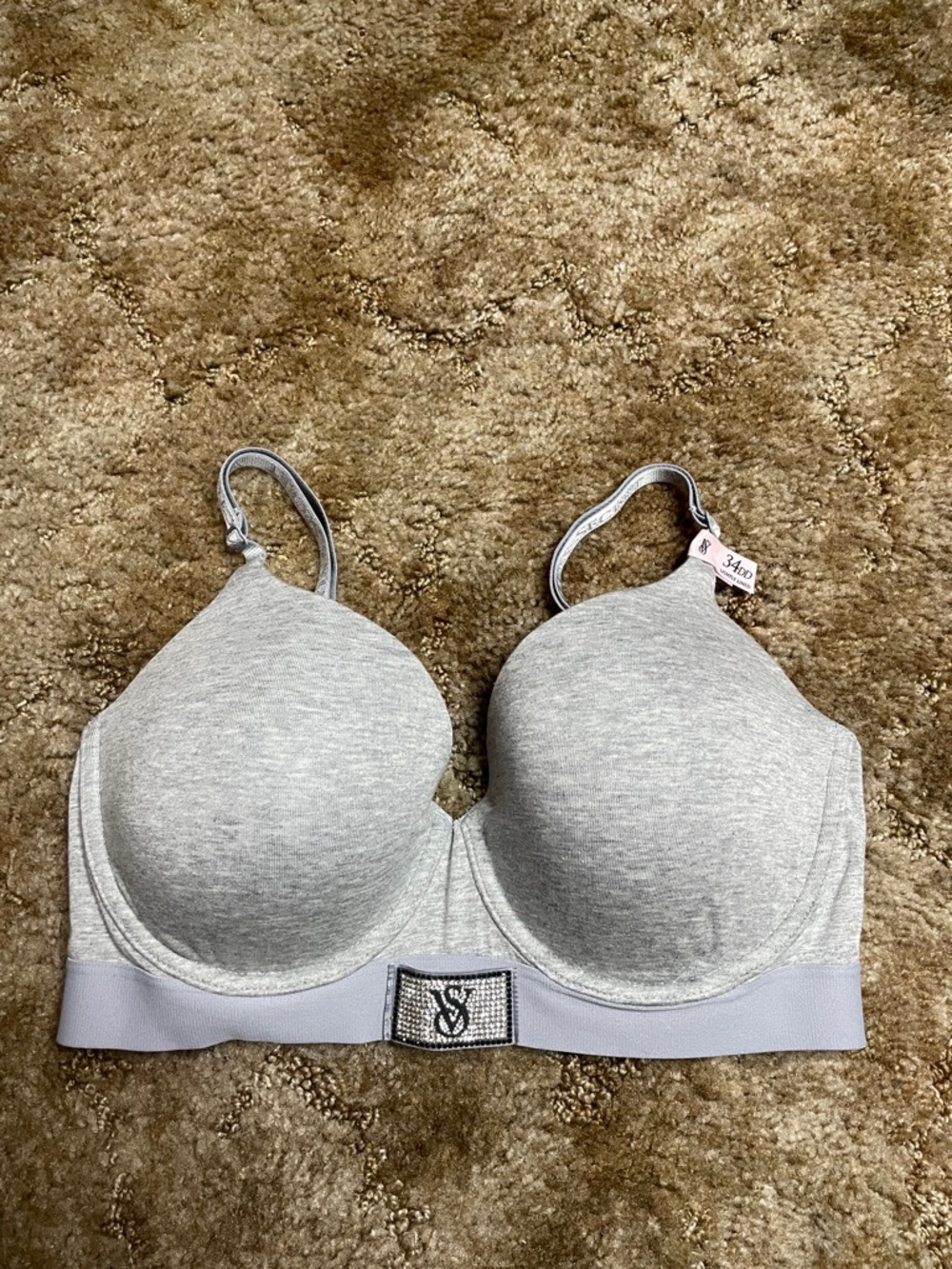 Victoriaโs Secret Gray T Shirt Rhinestone Lightlyโ Lined bra Size 34DD